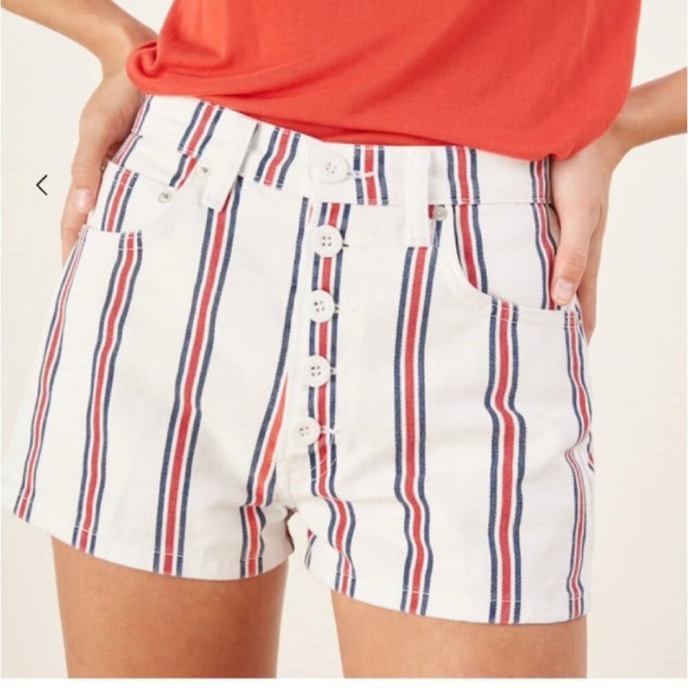 Reformation White High-Rise Jean Shorts with Red & Blue Stripes